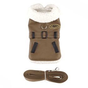 Dog Brown and Black Faux Leather Bomber Coat Harness and Leash (size: X-Small)